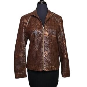 Erin London Womens Small Faux Alligator Skin Brown Zip Up Moto Jacket Blazer